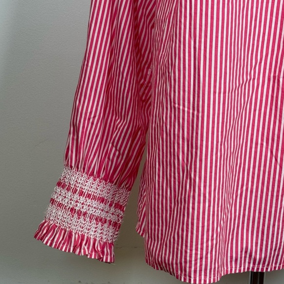 Talbots Butterfly Pink White Stripe Blouse Smocked Cuff Size Large Petite (Lp) - Picture 4 of 9